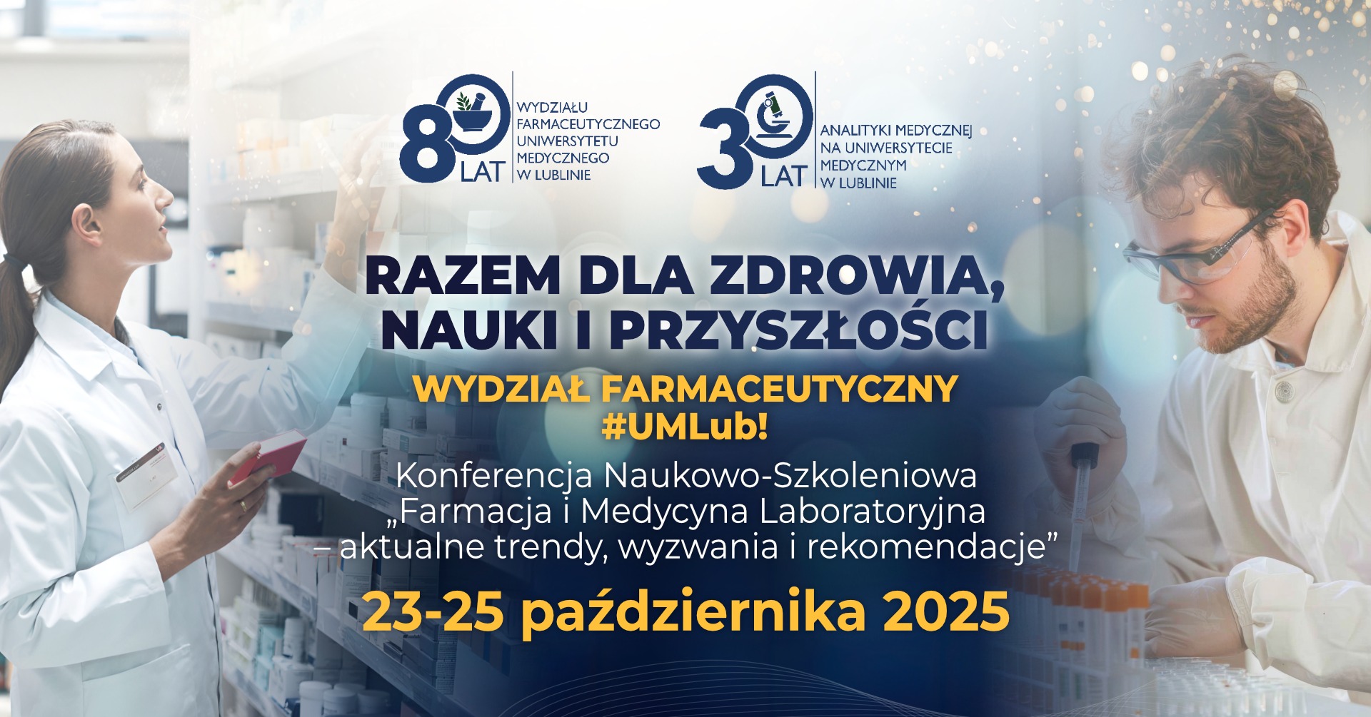 grafika zapraszająca na jubileusz Wydziału Farmaceutycznego i Analityki Medycznej