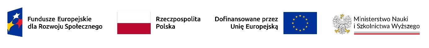 Logotypy projektowe: Fundusze Europejskie dla Rozwoju Społecznego, Rzeczpospolita Polska, Dofinansowane przez Unię Europejską, Ministerstwo Nauki i Szkolnictwa Wyższego