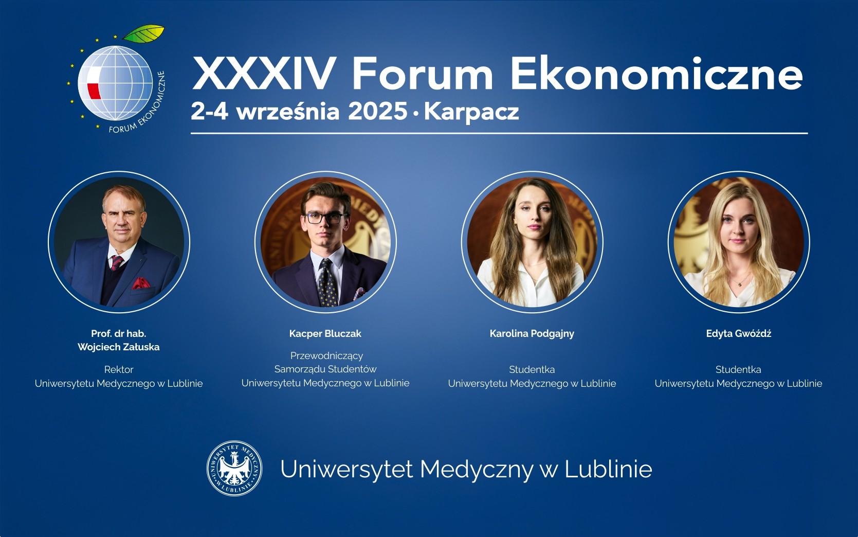 grafika przedstawiająca fotografie rektora i 3 studentów biorących udział w forum ekonomicznym