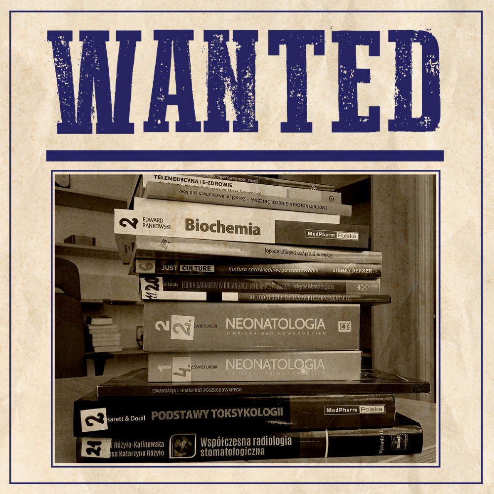 kilka książek o tematyce medycznej leżą jedna na drugiej i podpis 