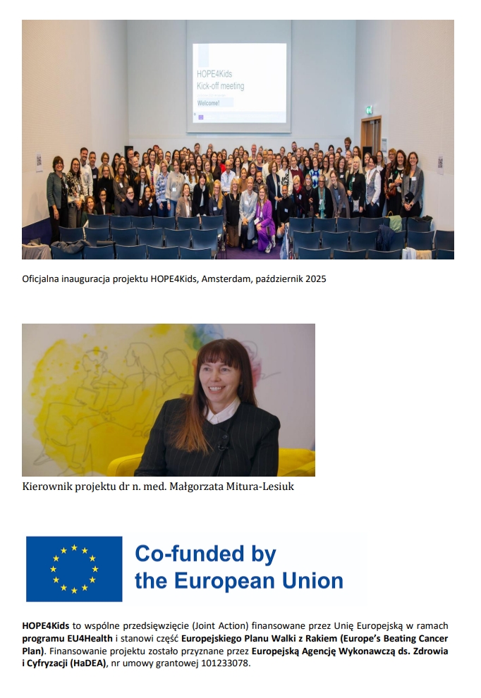 trzy zdjęcia, na pierwszym zbiorym inauguracja projektu w Amsterdamie, środek to koordynator projektu dr Mitura-Lesiuk, na dole znak graficzny Co-founded the European Union